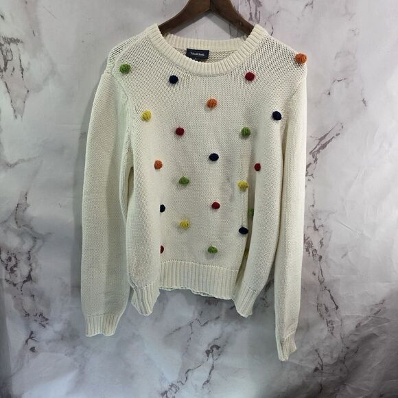 Modcloth Sweaters - Modcloth Sweater Womens Large White Red Pom Puff Rainbow Blowing Bubbles Mod